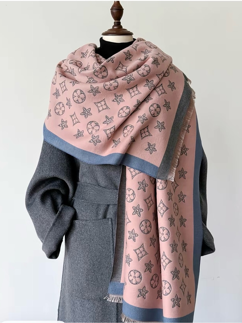 Pink Patterned Women's Fashion Scarf with Blue Trim